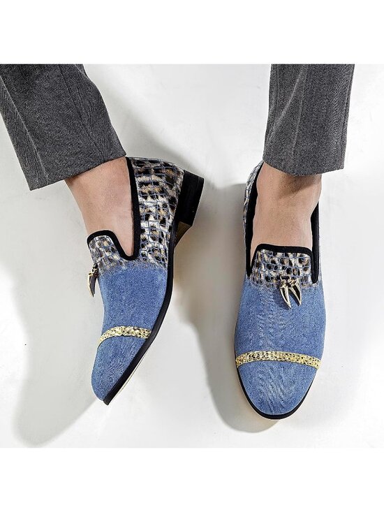XQWFH Men\'s Blue Velvet Leather Loafer Embroidery Spiked Slip On Fashion Shoes main image 4